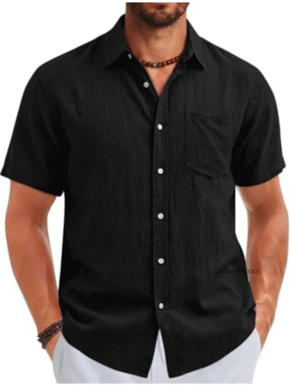 Men's Linen Blend Short Sleeve Casual Button Down Shirt Relaxed Fit